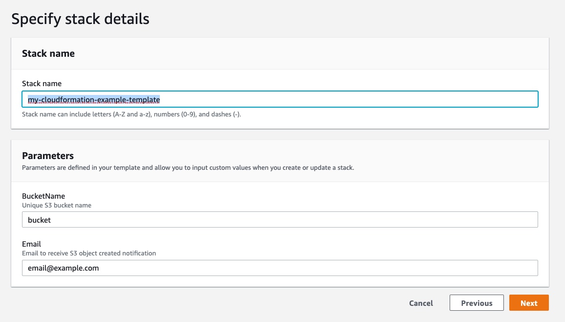 setting CloudFormation stack parameters and name