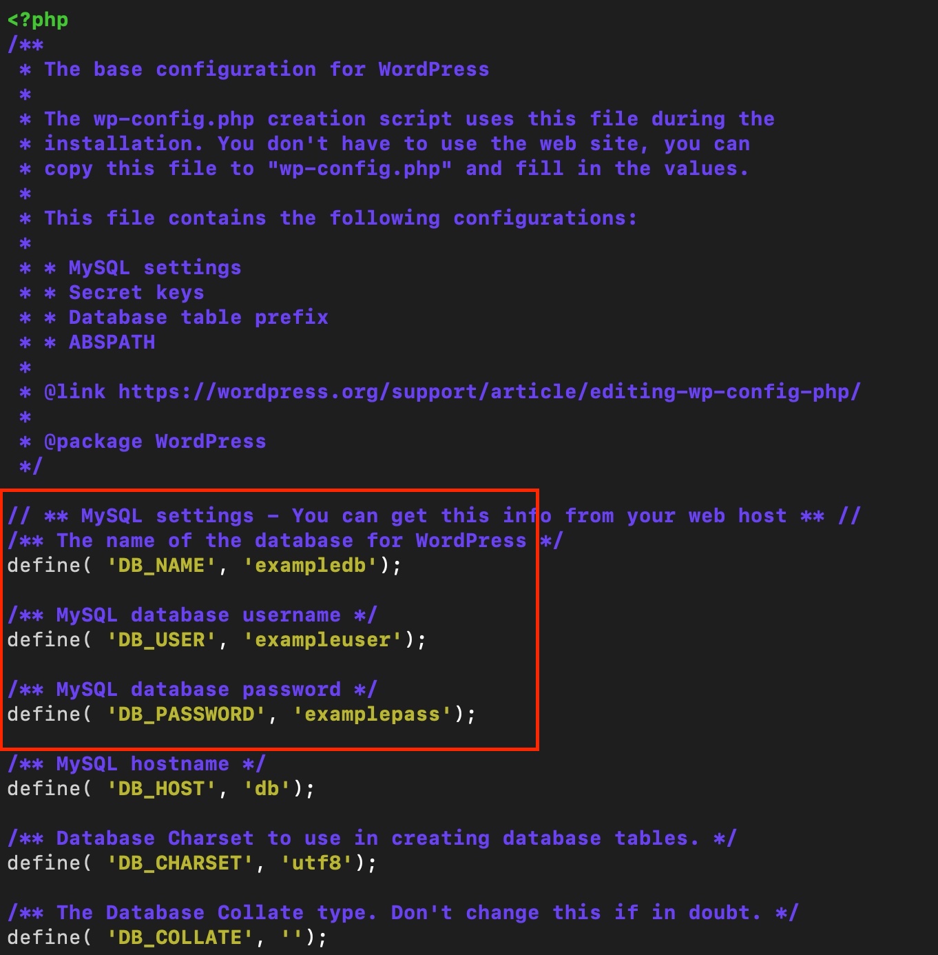 WordPress database credentials in wp-config.php file